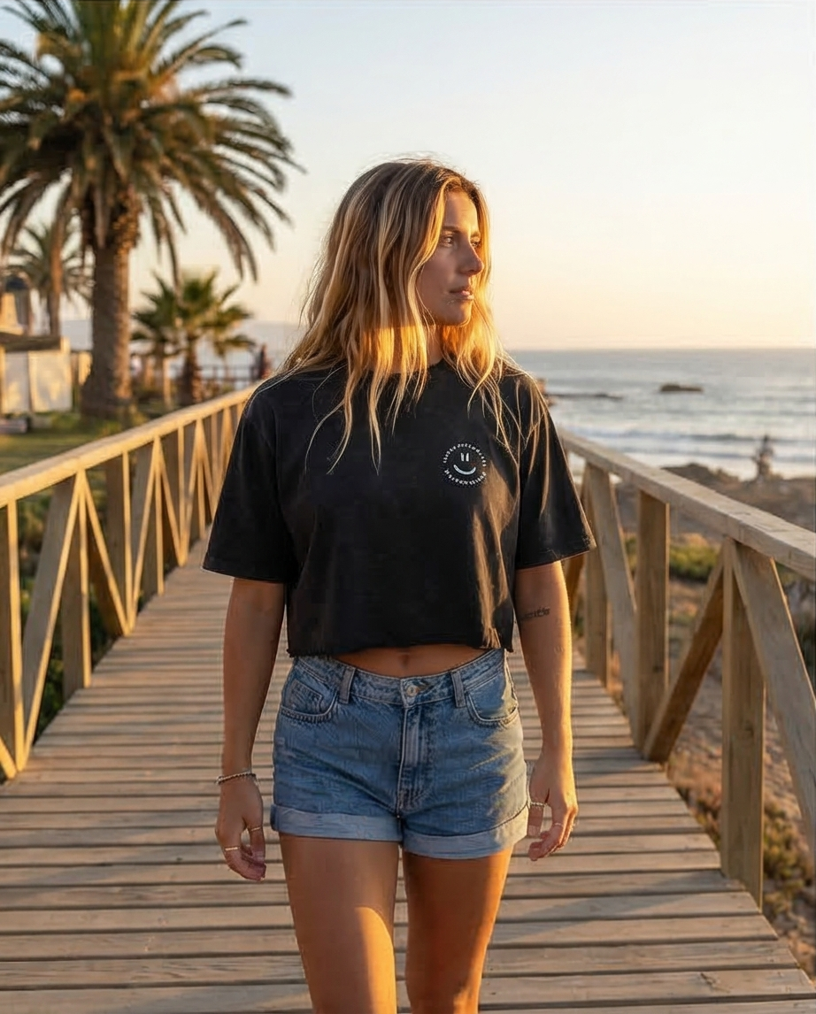 Polera Crop Santas Pecadoras Acid Smile Maitencillo BLACK